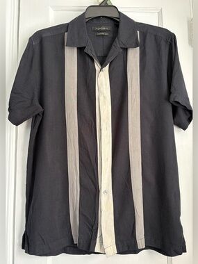 Vintage AXIST Washable Silk Black Striped Button-Up Shirt Sz: Medium
